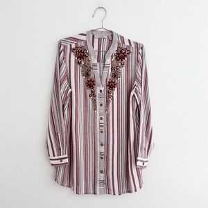 Soft Surroundings Linen Blend Embellished Beaded Striped Tunic Top Women's M